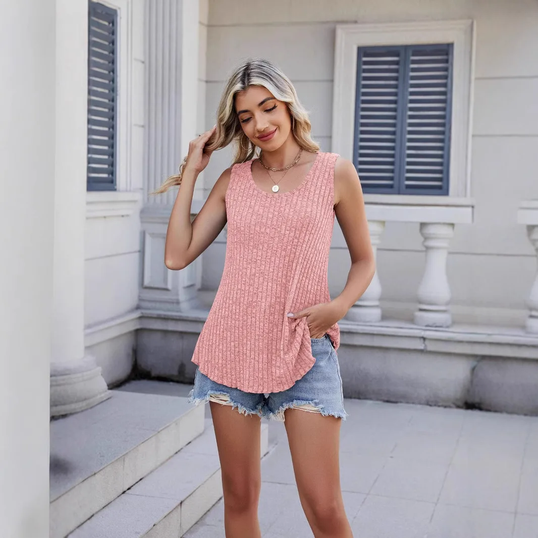 2025 Amazon cross-border women's clothing casual fashion sleeveless top knitted crew neck T-shirt pit strip slim vest