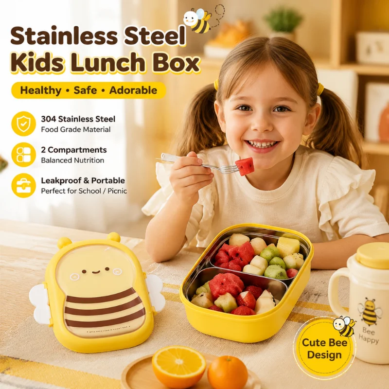 Portable Lunch Box for Student Cute Bee Bento Box Outdoor Camping Picnic Baby Food Container Stainless Steel Outing Tableware