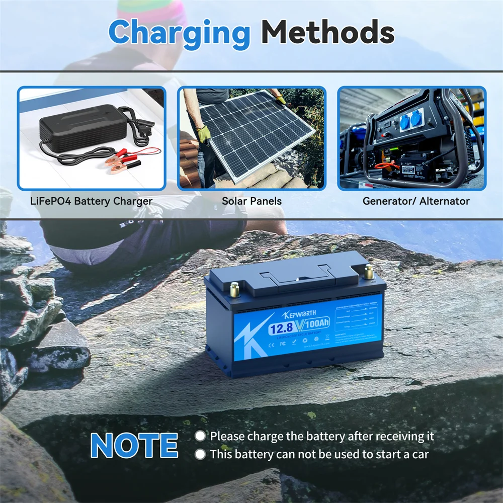 بطارية KEPWORTH 12 فولت 100 أمبير LiFePO4، 6000 دورة، BMS مطورة، لعربة الجولف الشمسية RV خارج الشبكة، مخزون الولايات المتحدة الأمريكية/الاتحاد الأوروبي