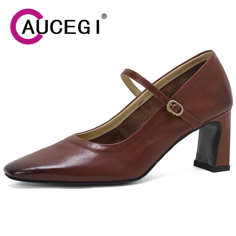 

Aucegi Concise Spring Women Classic Style Pumps Genuine Leather Vintage Breathable Square Toe Buckle Mary Jane Party Dress Shoes