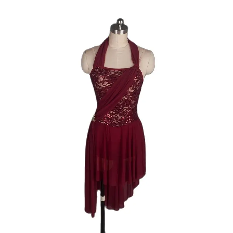 

17311 Burgundy Ballet Costume Woman Lyrical Dance Dress Halter Neck Adult Lyrica/Contemporary Dance wear Dress