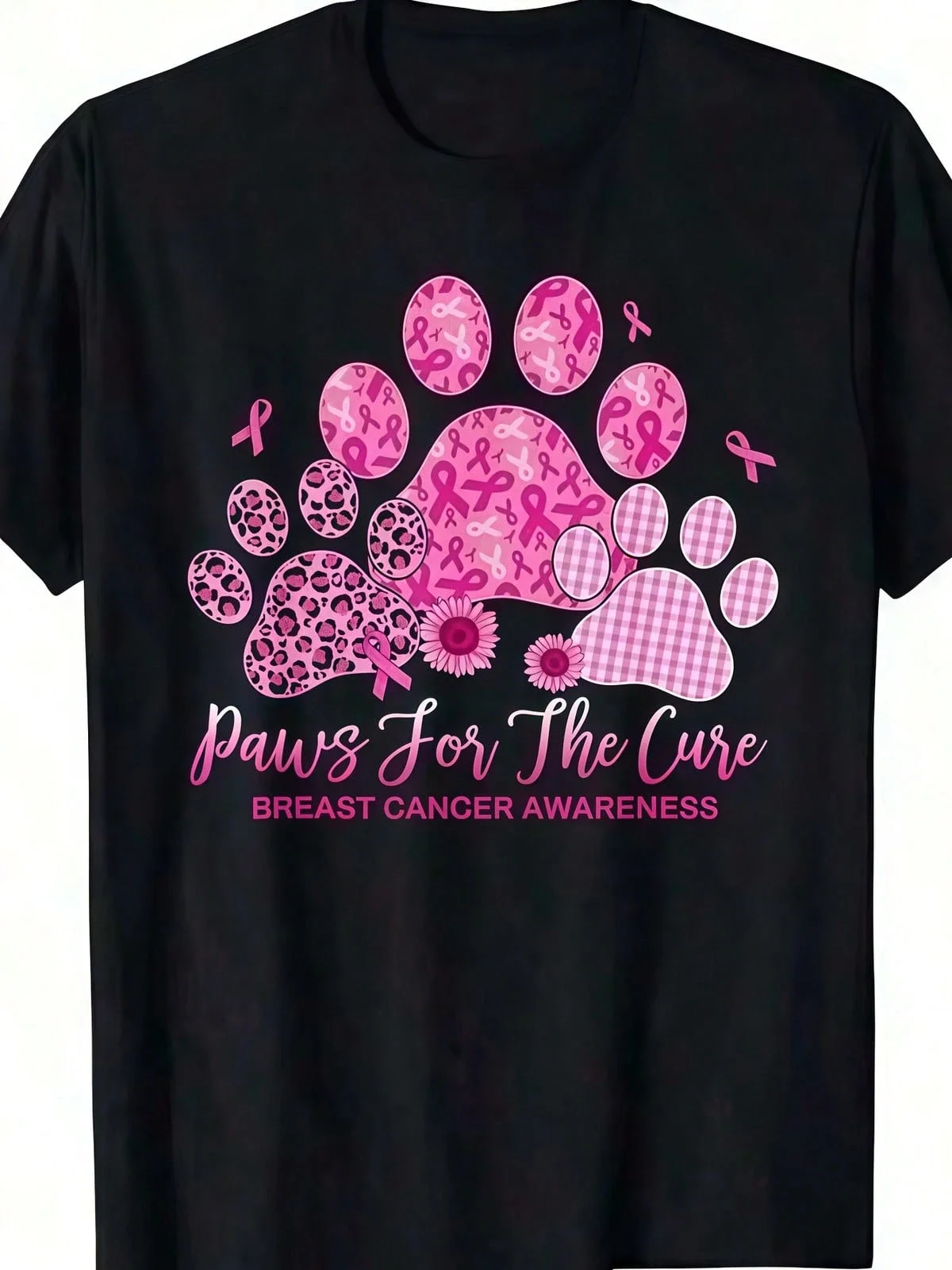 Women'S & Men'S Breast Cancer Awareness T-Shirt - Soft Pink Ribbon & Paw Print Design With Paws For The Cause Slogan, Pink Ribbon & Paw Print Graphic,