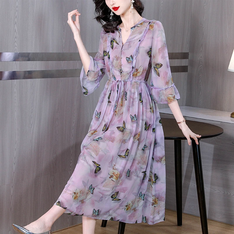 

2024 Trendy Sophisticated Silk Dress Waist Slimming Floral Dress Unique Elegant Women's Dress Vestidos