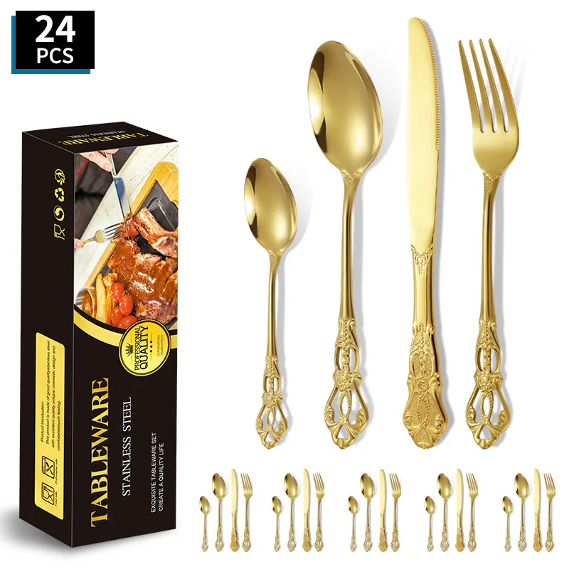 

, forks and spoons 24-piece set, Huangting stainless steel knives, forks and spoons, retro hollow relief steak knives and forks