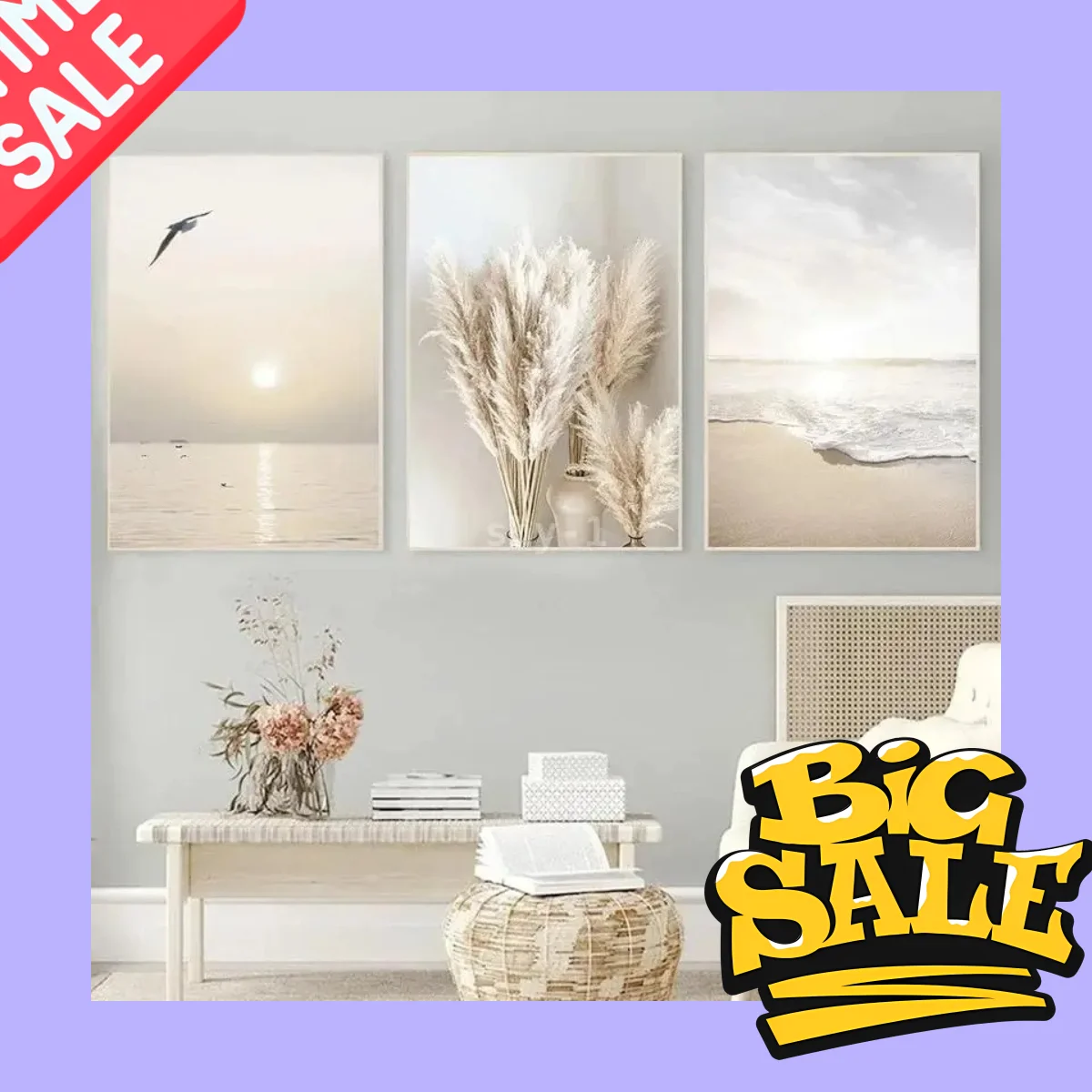 Beige Sunset Landscape Wall Art Grassland  Beach with Palm Tree Modern Home Decor Living Room Poster Print--2026