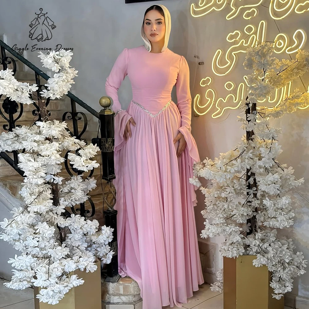 Giggle 2026 saoudien modeste rose robes de soirée musulmanes à manches longues en mousseline de soie perlée a-ligne robe de soirée d'invité de mariage personnalisé