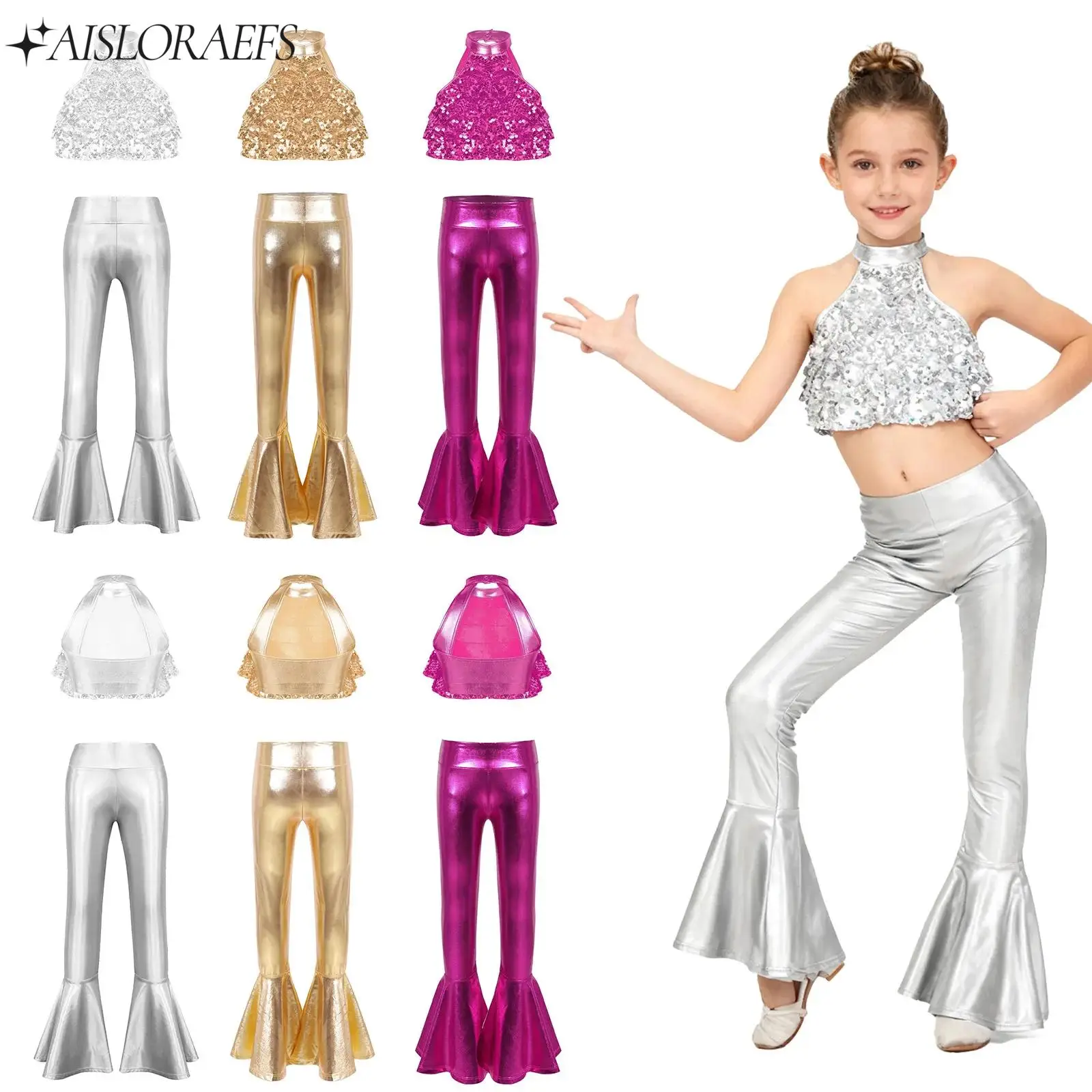 

Kids Girls Sleeveless Gymnastics Tops with Pants Teens Shiny Sequin Dancewear Set for Jazz Latin Tango Cha-cha Samba Performance