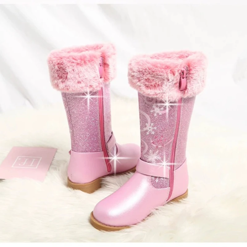Disney leren meisjeslaarzen Winter Cartoon Frozen Laarzen Rits Hoge Pluche Prinses Elsa Laarzen Warme kinderlaarzen Maat 25-36