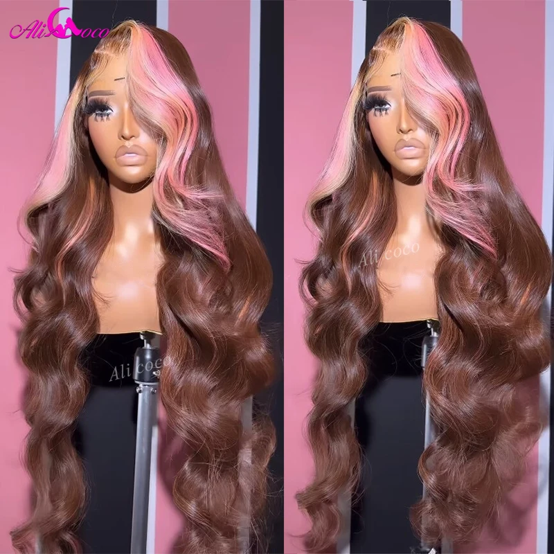 Upgrade Ali Coco HD Brown Pink 13x4 Body Lace Frontal Wig For Women 12A Pink Hightlight Lace Front Human Hair Wigs Preplucked
