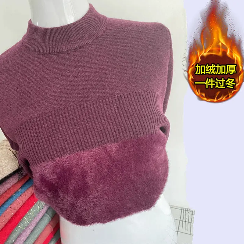 

Winter Sweater Women Elegant Thicken Velvet Lined Warm Sueter Knitted Pullover Slim Tops Jersey Knitwear Jumper New