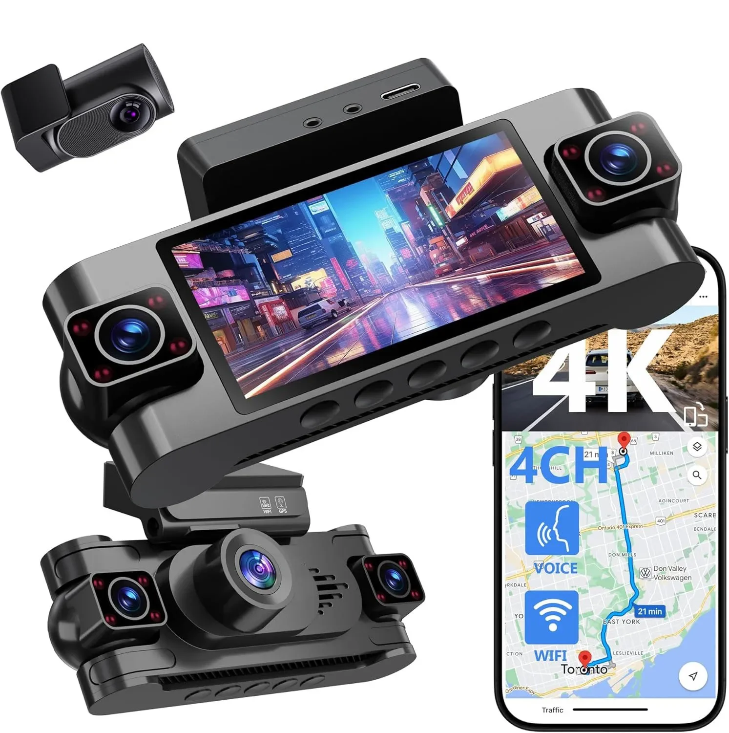 Best Seller 4 Channel Dash Camera For Cars 5G WIFI GPS DVR Recorder 360 Degree 4K Front And Rear Voice Control Parking Dashcam C