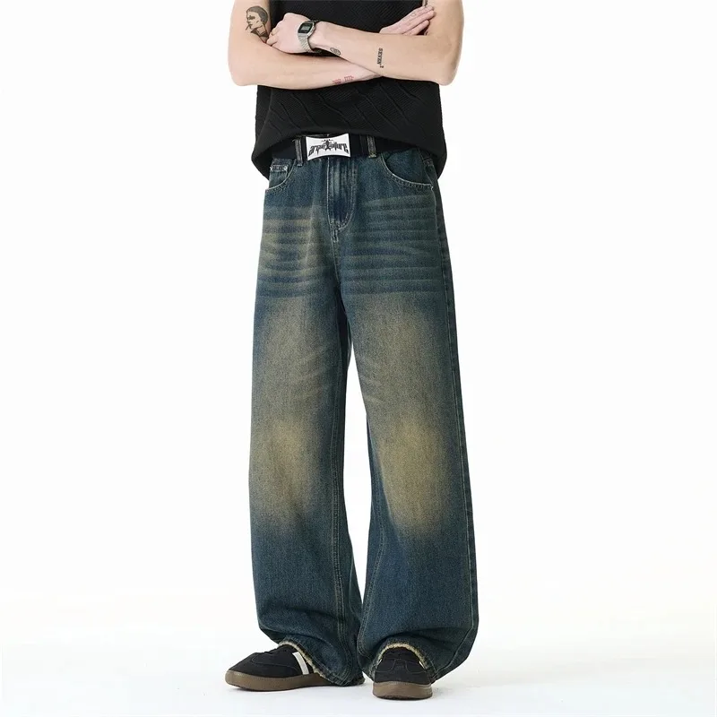 Washed Vintage Blue Men's Jeans 2026 Spring New Loose Wide Leg Denim Long Pants Moustache Effect Casual Trousers