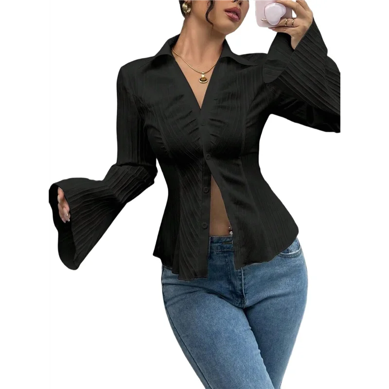 

ABRT-Women Button Down Shirts Striped Long Sleeve Collared Casual Work Blouses Tops Trendy Outfits Black S