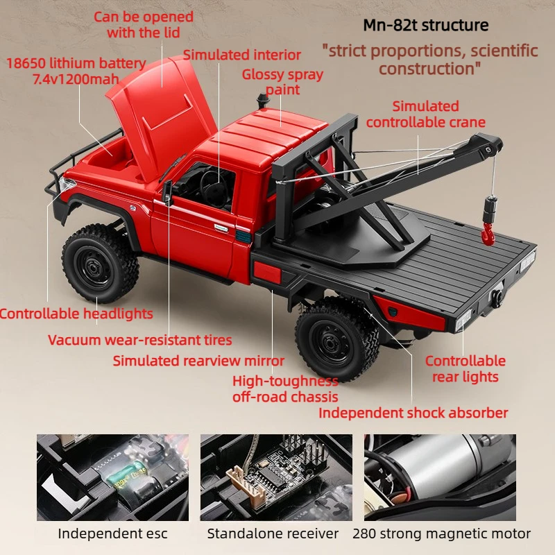 Camion tout-terrain télécommandé 4WD, échelle 1/12, camionnette simulée avec lumières contrôlables, jouet de voiture RC, MN-82T
