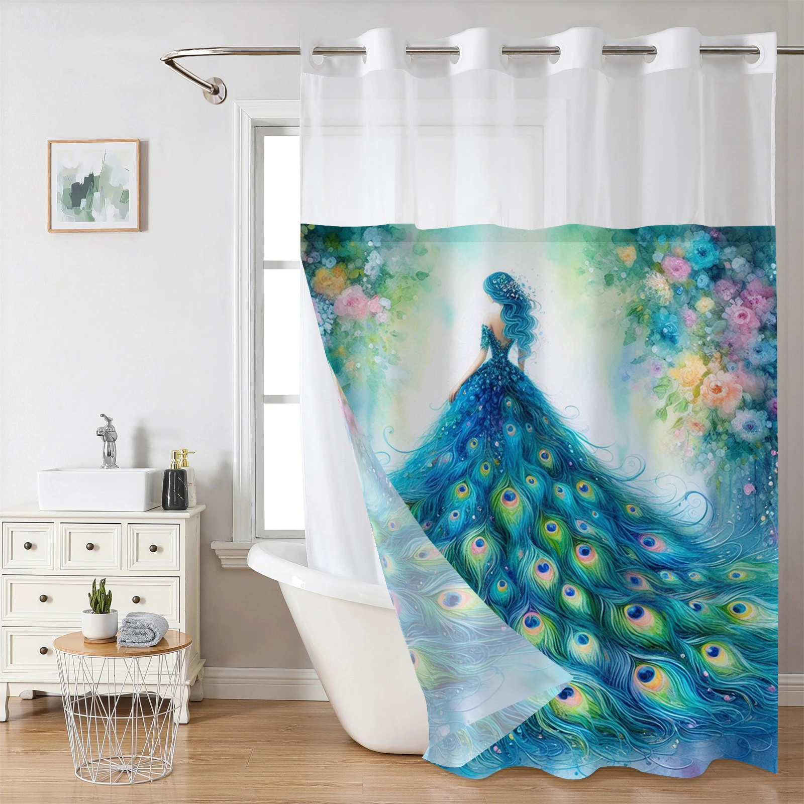 

No Hook Floral peacoc pattern Shower Curtain With Snap-in Fabric Liner Sheer Top Window, Waterproof Double Layer Bathtub curtain