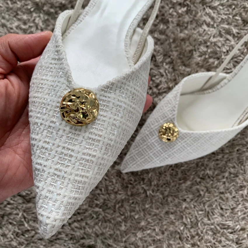 2025 Woman White Fabric High Heels Chic Metal Inlaid Slingback Kitten Heel Shoes Summer Elegant Female Office Low Heels Sandals