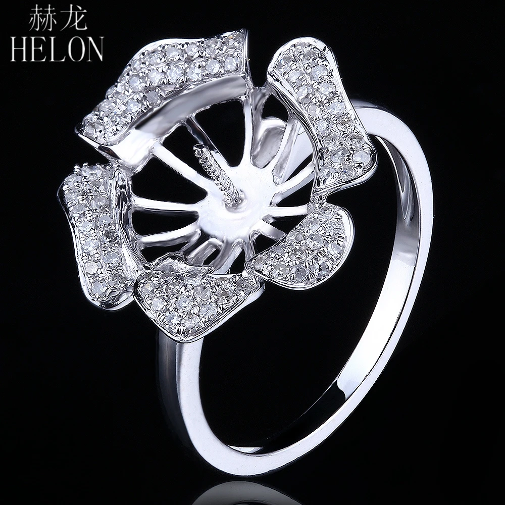 HELON Solid 14K White Gold Pave Natural Diamonds Fine Jewelry Semi Mount Engagement Wedding Ring Fit 9.5-11.2mm Round Pearl