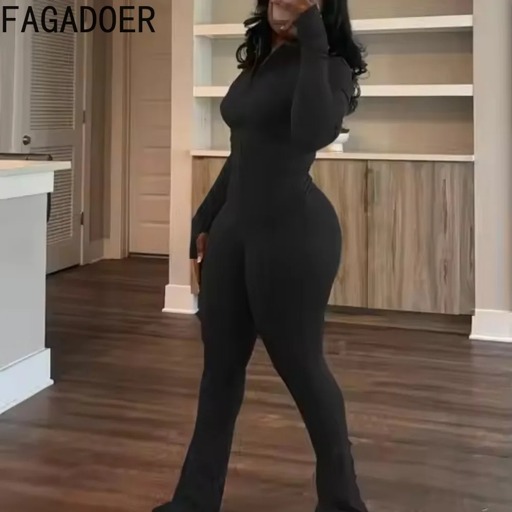 FAGADOER Casual Solid 2 Piece Set Outfit Women Long Sleeves Jacket and High Waist Flare Pants Sports Suits Autumn Winter New