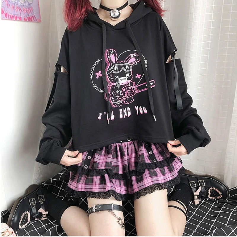 

2023 Anime Kpop Kawaii Sweatshirt Women Harajuku Plaid Skirts Gothic Punk Alt Hoodies Cartoon Print Aesthetic Grunge Emo T Shirt