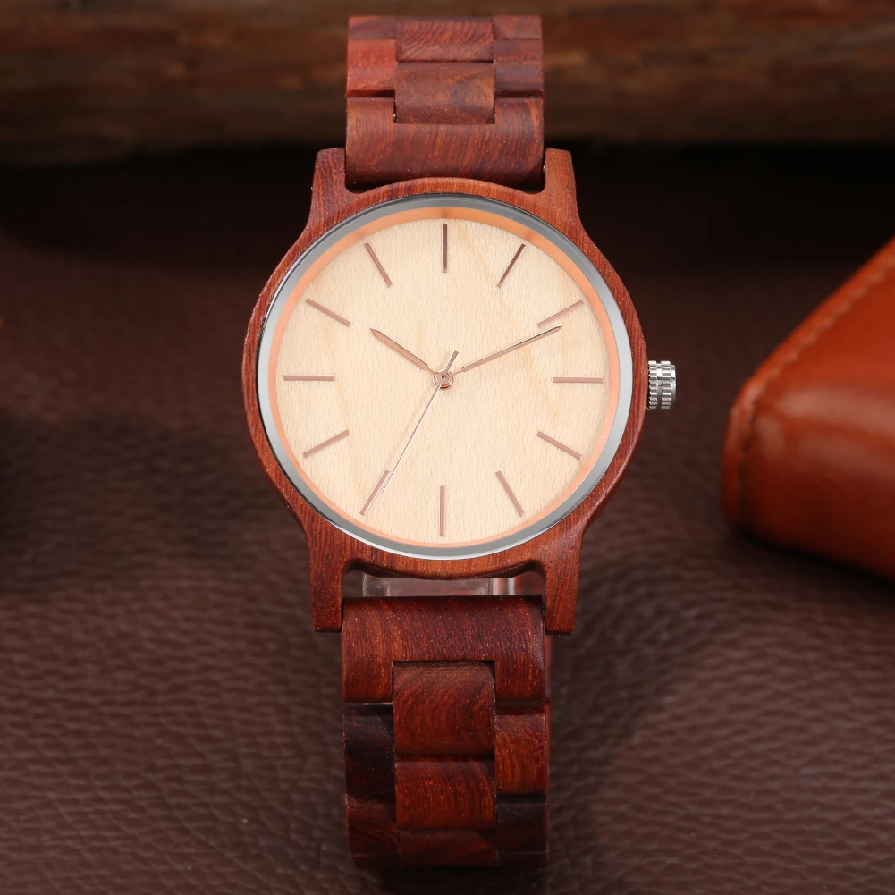 Red Wood/Maple Wood/Ebony Full Wood Quartz Men\'s Wristwatch Rose Gold Pointers Vintage Wooden Bangle Male Watches Folding Clasp