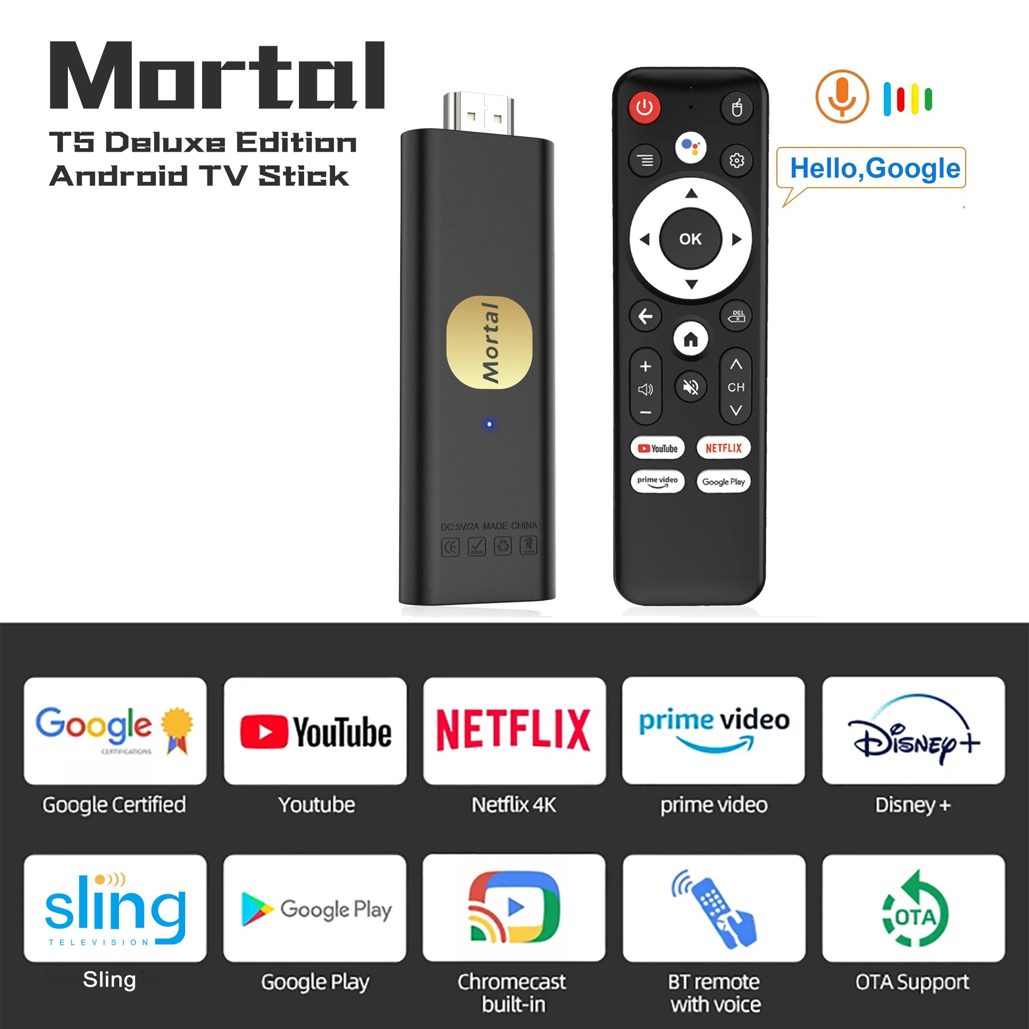 Mortal T5 wersja globalna Mini TV Stick inteligentne kino domowe Iptv Android13 Allwinner H313 czterordzeniowy 5GWIFI 2G16G Bluetooth 4K HDR