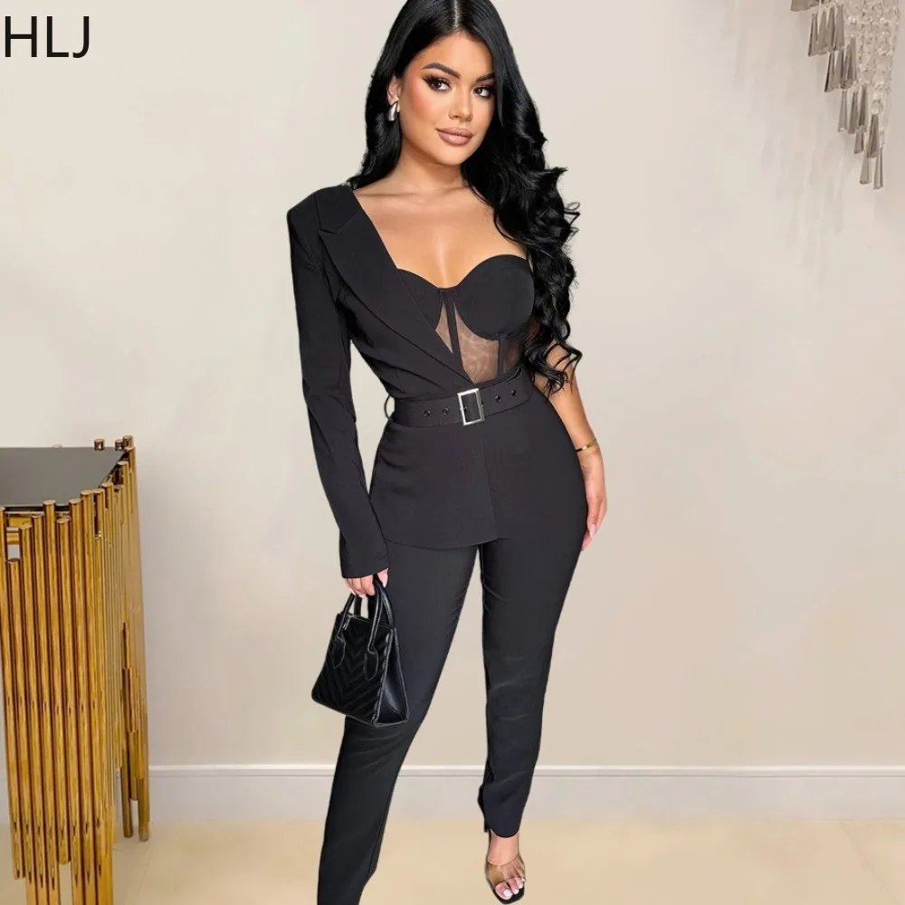 

HLJ Fashion Elegant Splicing Straight Jumpsuits Women One Shoulder Long Sleeve Hollow Playsuits Sexy Blazer Top Design Overalls