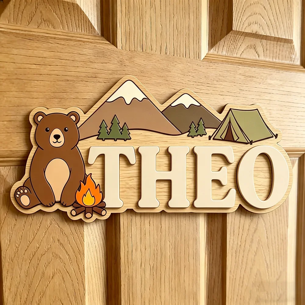 Personalized Woodland Bear Wooden Name Sign, 2 Layer 3D Raised Custom Name Plaque, Mountain Tent Forest Theme, Baby Wall Decor