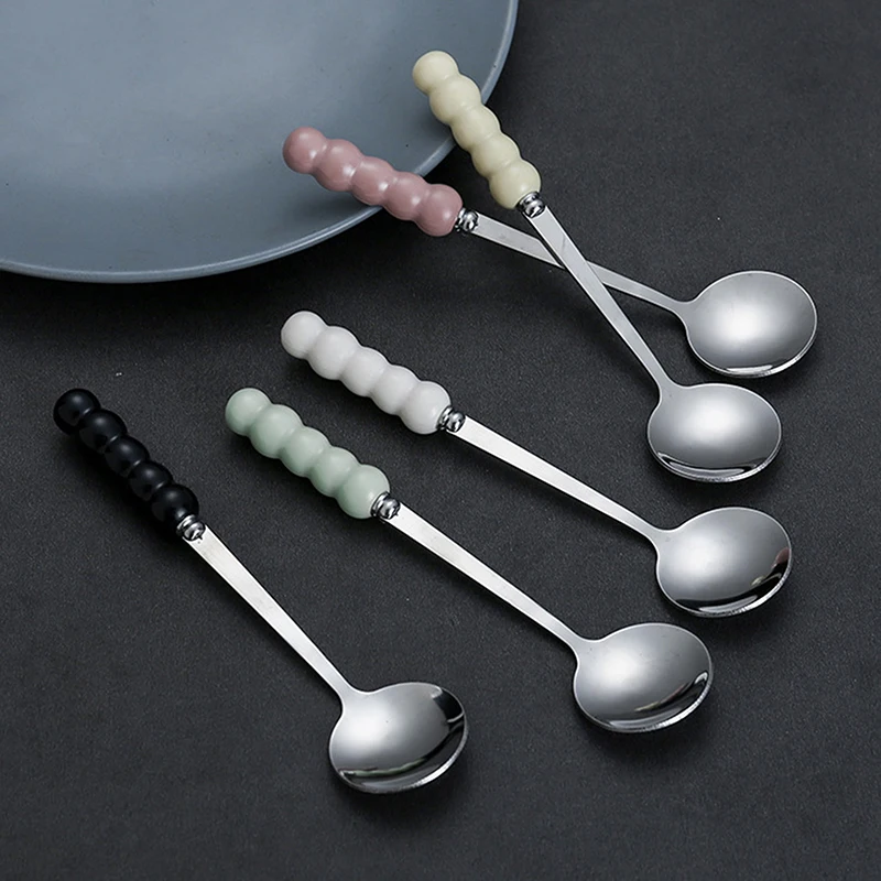 1PC Dessert Spoon High Appearance Level Creative Pearl Ceramic Handle Household Stainless Steel Spoon DIY Accessories