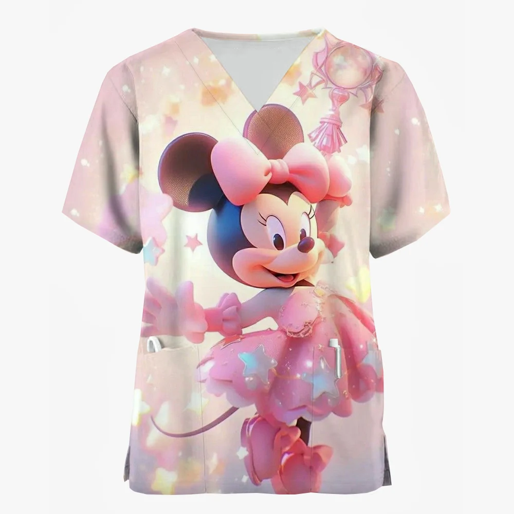 Women's Nursing Nurse Uniform Worker T-shirt Disney Mickey Mouse Christmas Happy Printed Short Sleeve V-neck Holiday Fun Pattern