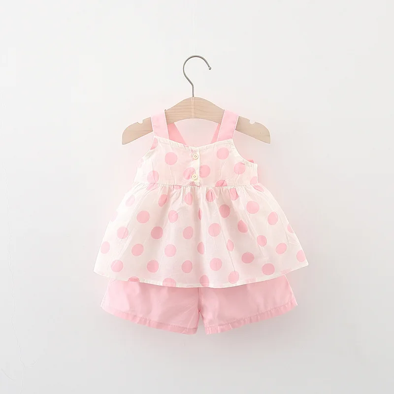 2Pcs/Set Sweet Polka Dot Baby Girl Children Clothes Suit Summer Sleeveless Bow Sling + Tendon Shorts Casual Kids Costume 0 To 3Y