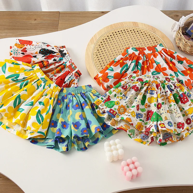 Summer Floral Print Girls Skirt Shorts for Children Clothing Skirt-Pants Kids Tutu Shorts Loose Leg Pants Baby Clothes Size 2-6