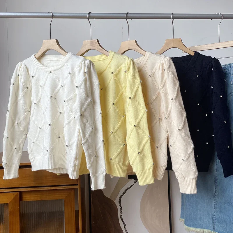 

Корейский модный вязаный пуловер в клетку с круглым вырезом и длинными рукавами со стразами, осень 2023, Повседневная Свободная трикотажная одежда, Универсальный женский свитер