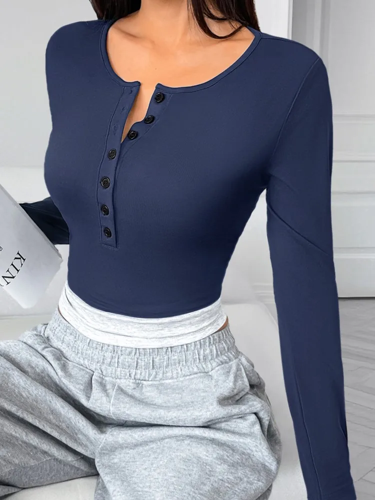 

Women's Clothing Blusas Commuting Casual Round Neck Slim Fit Color Block Long Sleeve Tops Temperament Simple Style All-match Hot