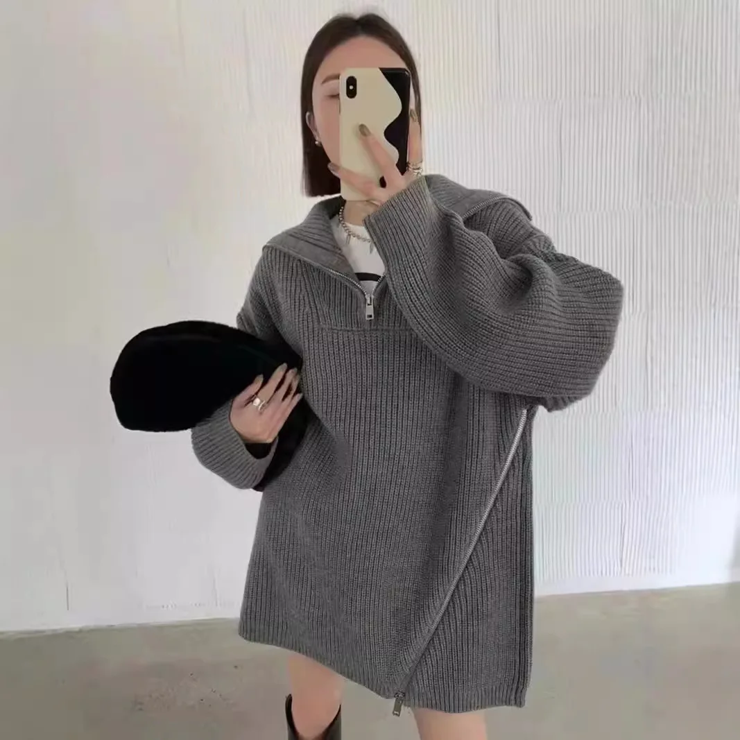 

Корейский стиль, ленивый свитер на молнии с высоким воротом, женский свитер на весну и зиму 202, свободный дизайн, нишевый топ, нерегулярные вязаные пуловеры, модные