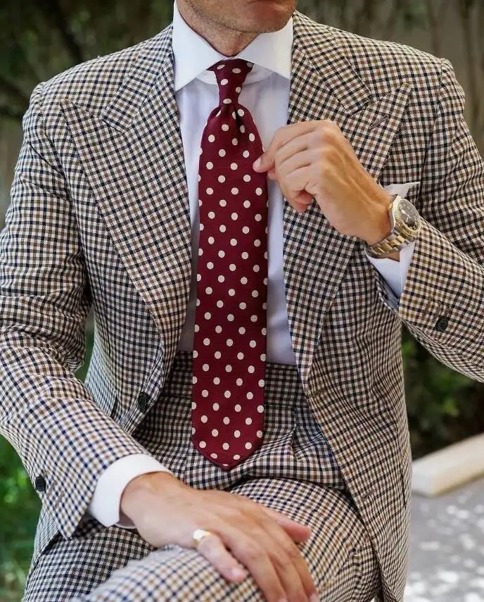 Brown Multi Tone Check Plaid Men 2 Piece Suit Wide Peak Lapel Single Breasted Tailored Fit Retro Business Wedding Customized