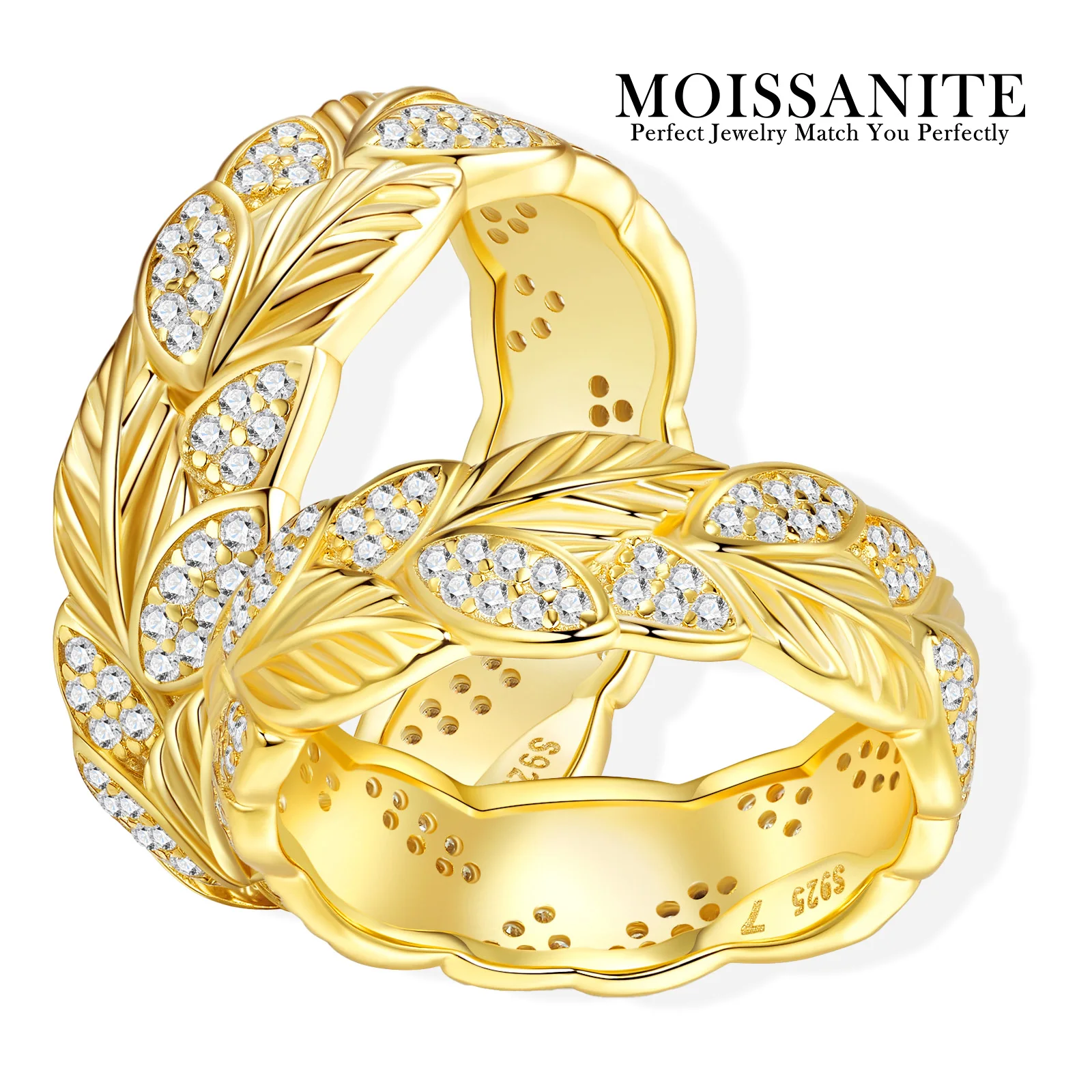 

0.52 CTW Leaf Eternity Band Moissanite Ring 925 Sterling Silver 18K Gold Plated Full Pave D Color VVS1 Wedding Gift