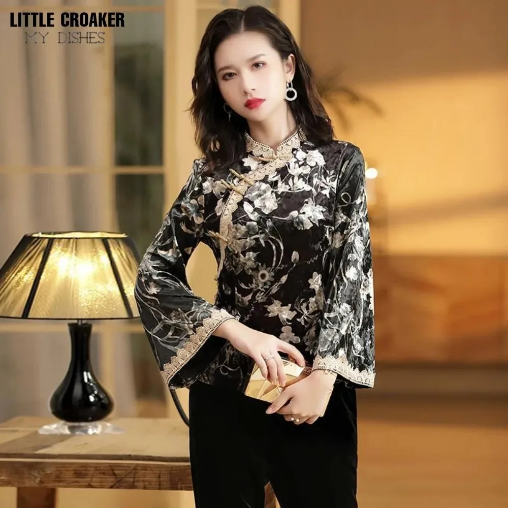 Modern Women\'s Congsam Women Improved Hanfu Winter Velour Dresses Cheongsam Retro Chinese Long Sleeve Velvet Qipao Top