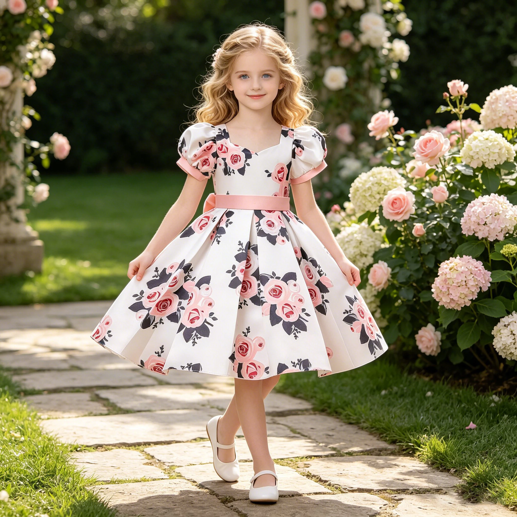 Sommerliches Blumenmädchenkleid für Brautjungfern – Elegantes Prinzessinnenkleid mit Schleife für Hochzeiten, Gala, Geburtstag und Abschlussball