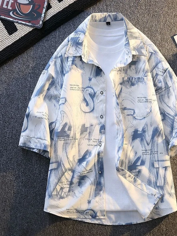 

Ice Silk Short Sleeve Shirt Men's Summer 2025 Loose Casual Thin Print Shirt Youth Fashionable Breathable Lightweight Shirt