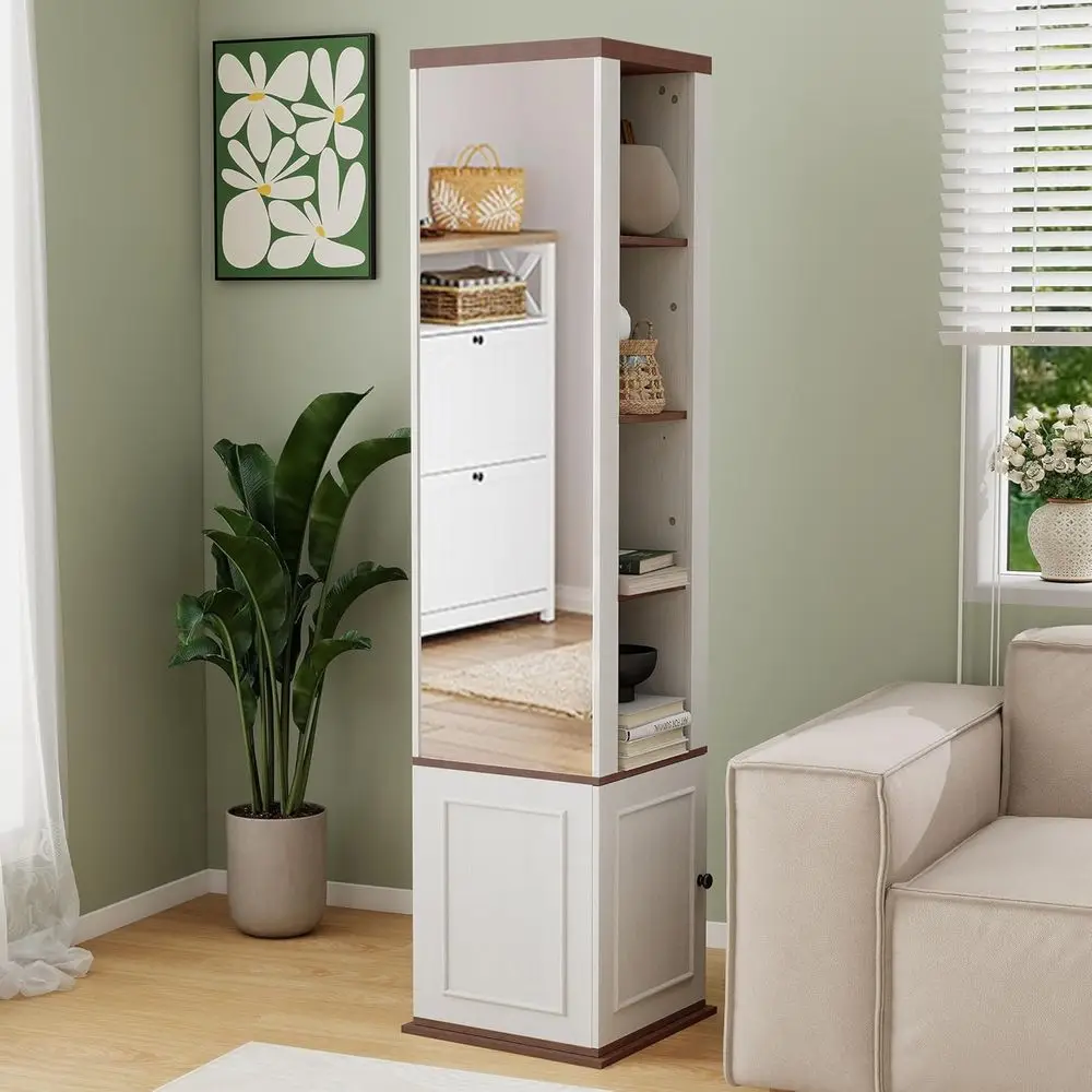 

65 Tall Storage Cabinet with Full-Length Mirror, 2 Coat Hooks, 8 Open Shelves, and Doored Shelf for Bedroom or Living Room