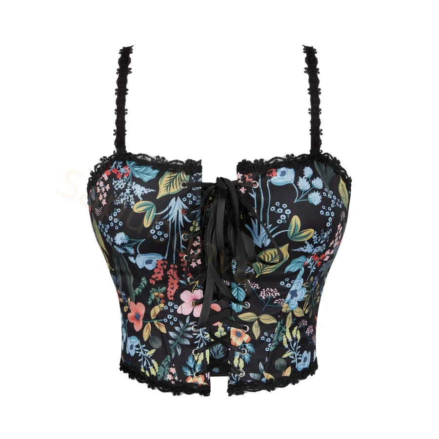 Corset Plus Size for Women Bustier Top Outfit Lace Party up Vintage Renaissance Halloween Costume Medieval Floral Print Black