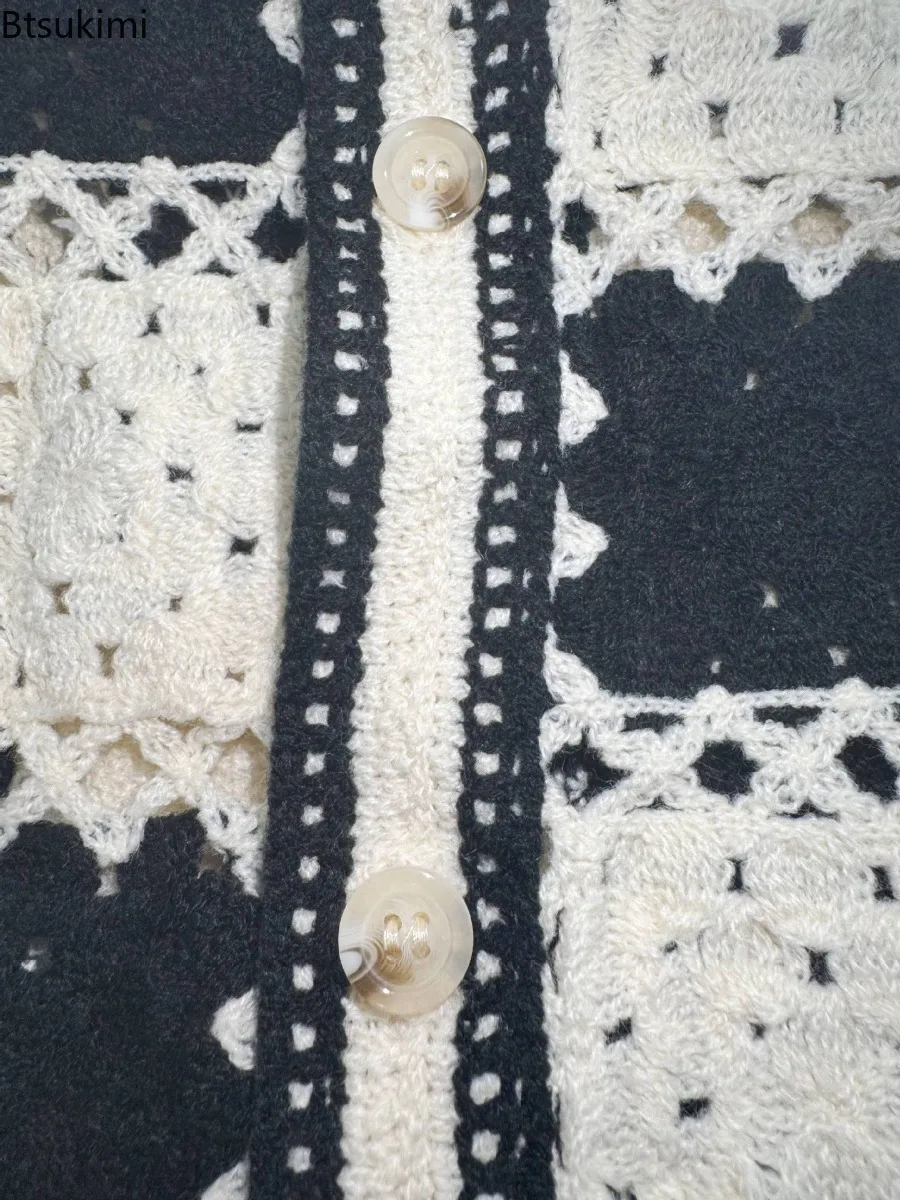 Chic Vintage Hook Flower Hollow Out Shirts for Men 2025 Summer Loose Short Sleeve Casual Cardigans Men Streetwear Knitwear Tops