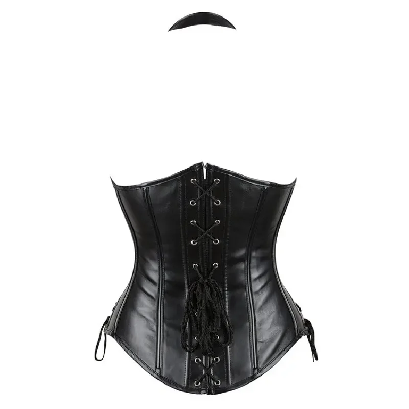 Faux Leather Corset with Halter Strap Women Sexy Buckled Steampunk Bustier Body Shaper Waist Trainer Vest Underbust Corselet