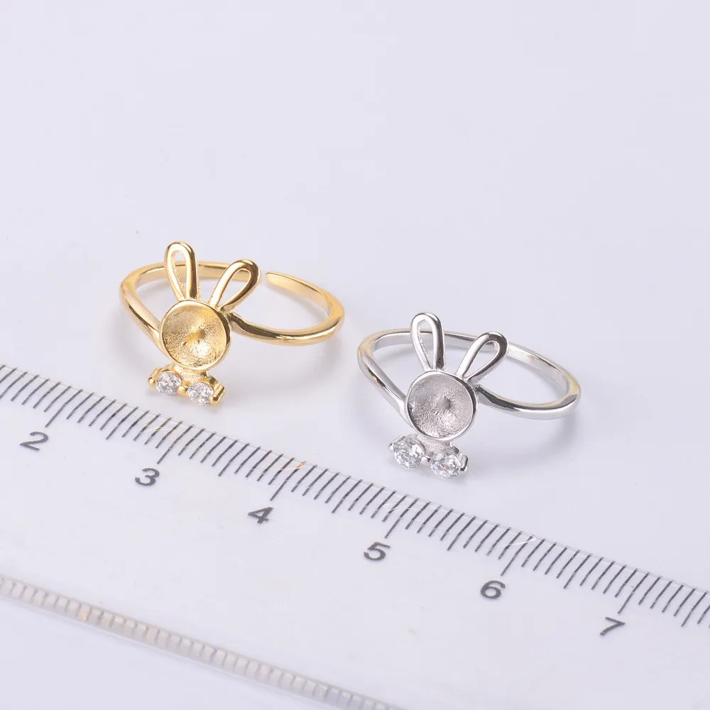 DIY Pearl Ring Accessories S925 Sterling Silver Pearl Ring Empty Holder Little Rabbit Ring Fit 6-8mm Round Flat Beads Z105