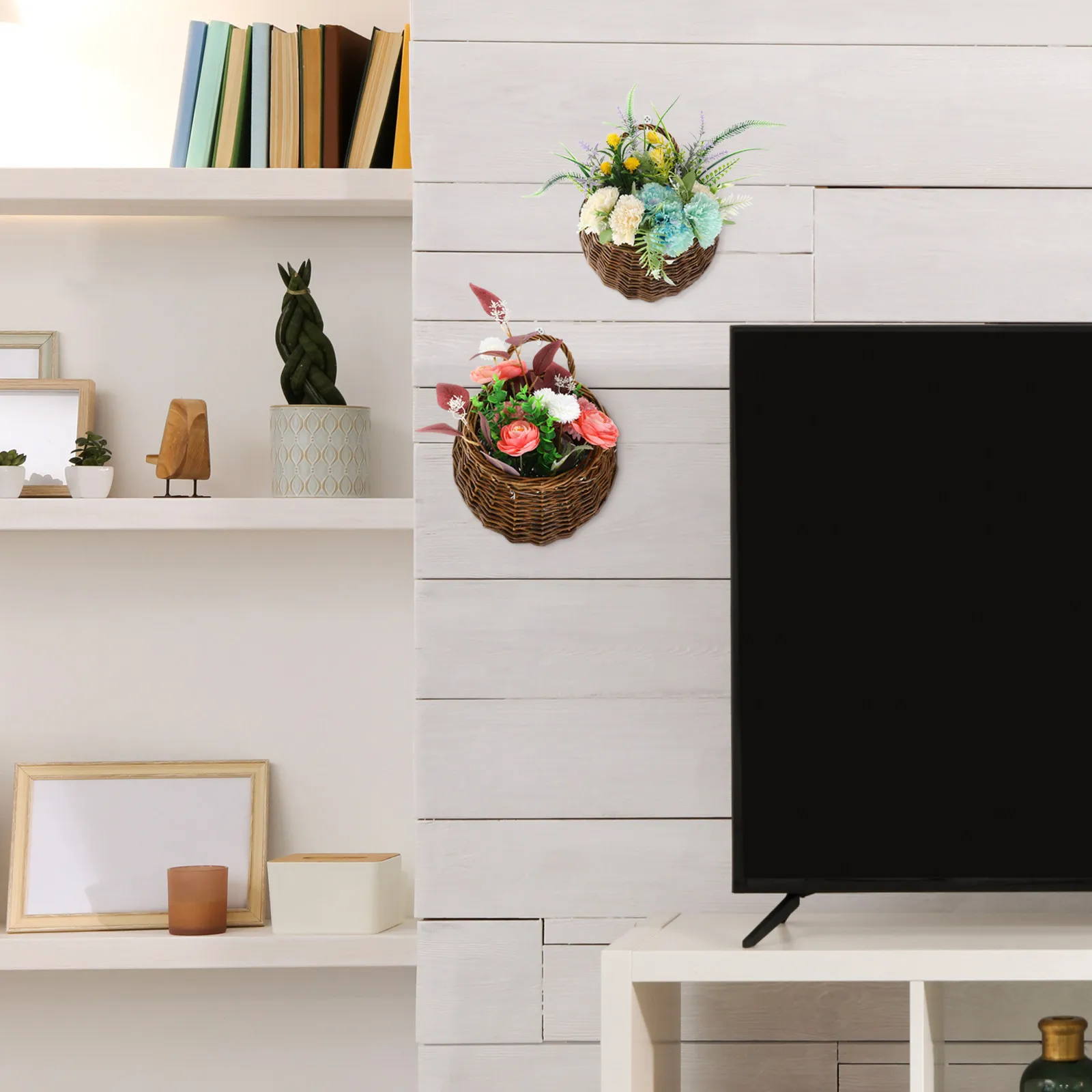 

Набор из 2 подвесных корзин для цветов из ротанга, 31x27x12 см и 25x20x8.5 см, для декора стен, для растений, сухоцветов, художественная корзина