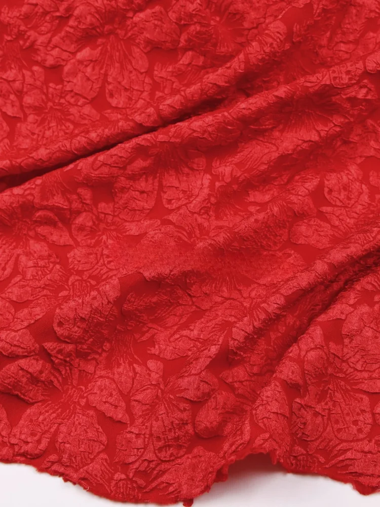 Large Red Elastic Flower Art Relief Jacquard Fabric for Spring Summer Skirt Set Designer Cloth Diy By The Meter Sewing Material