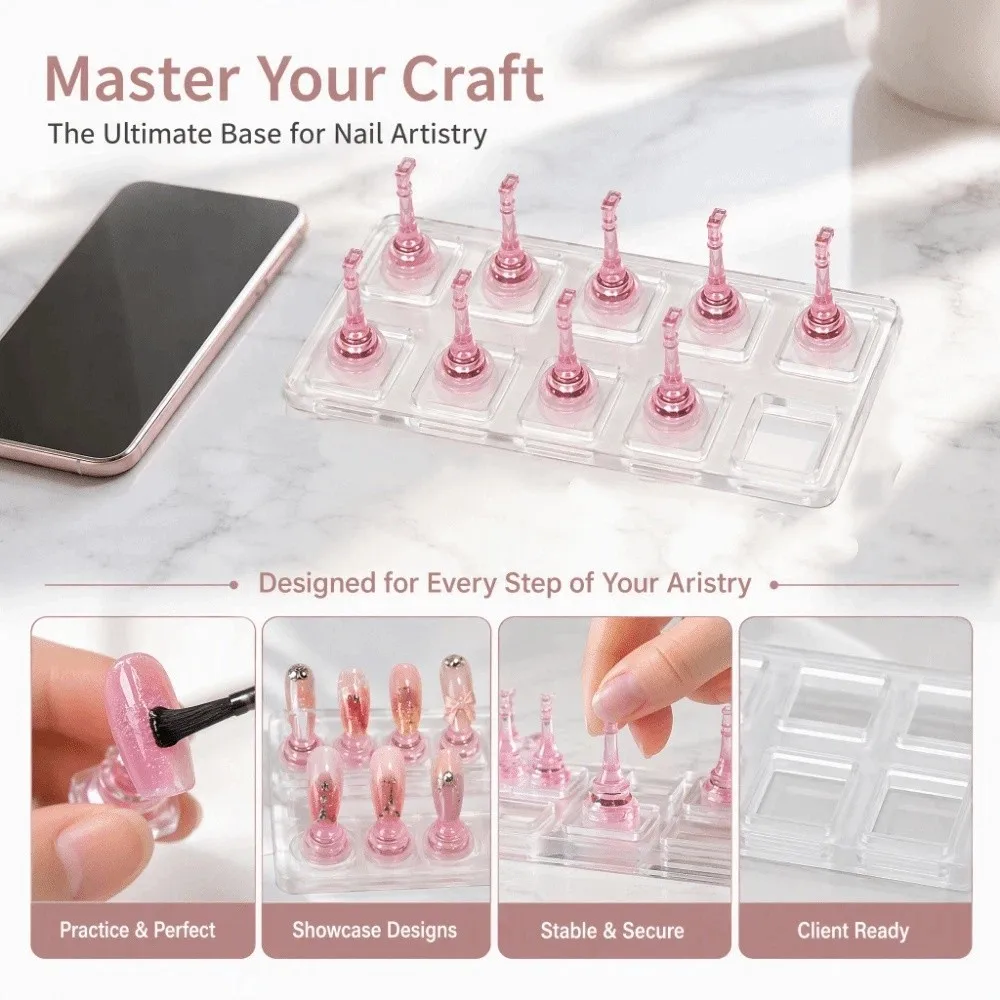 Non-Magnetic Nail Practice Base Transparent Removable Nail Display Stand Durable 10 Grid False Nail Tips Holder Nail Training