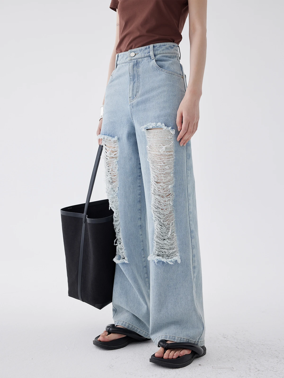 

High Waist Straight Leg Denim Jeans Women's Casual Faion Long Pants Hole Punching Waed out Classic Blue Summer New