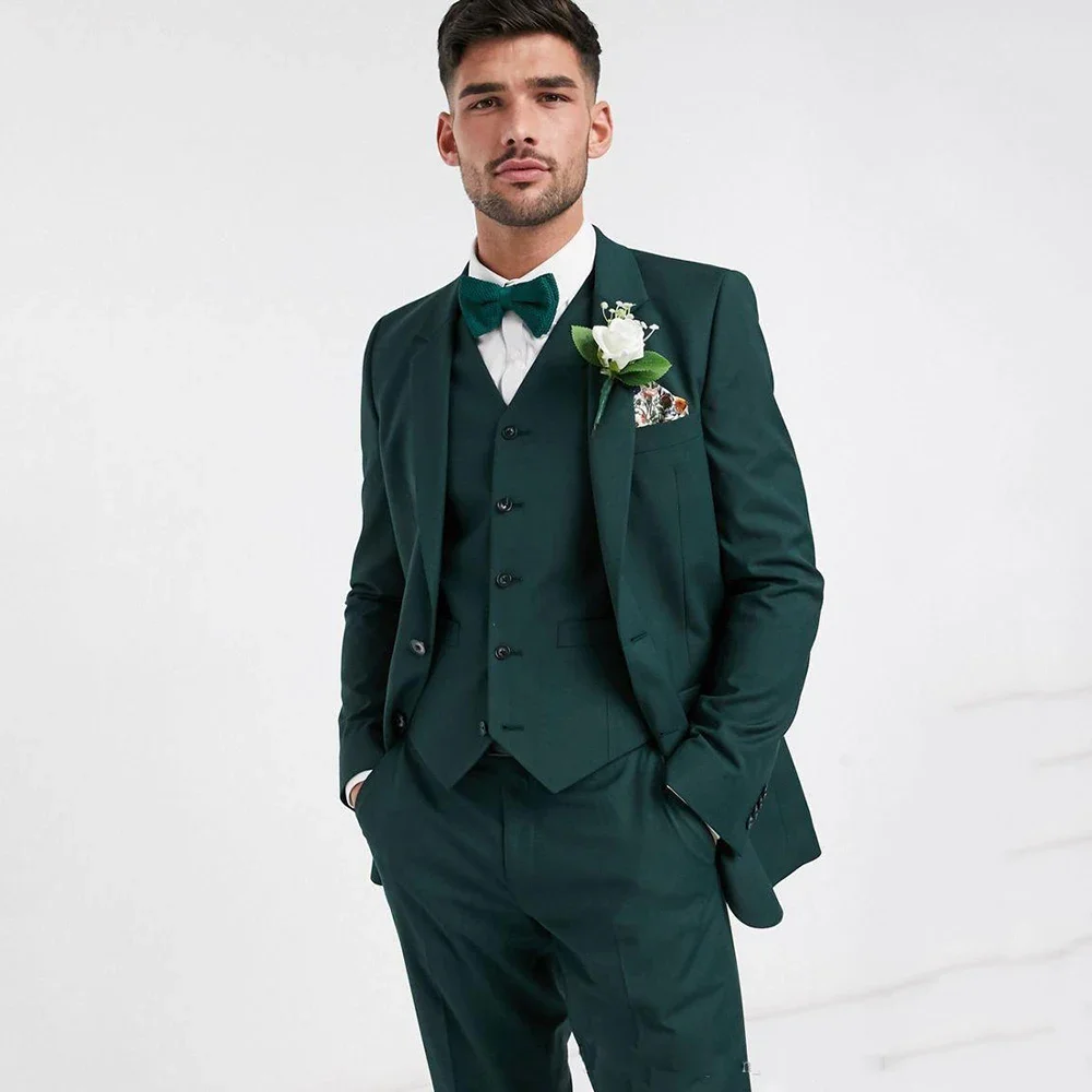 

Custom Made Two Button Dark Green Groom Tuxedos Groomsmen Slim Fit Mens Wedding Blazer Suits (Jacket+Pants+Vest) Costume HommeCu