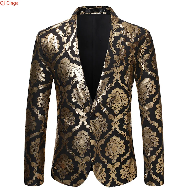 2026 Spring New Men's Black-Gold Suit Jacket, Blue Single-Breasted V-Neck Long-Sleeve Coat, Wedding/Party/Nightclub/Bar Top.
